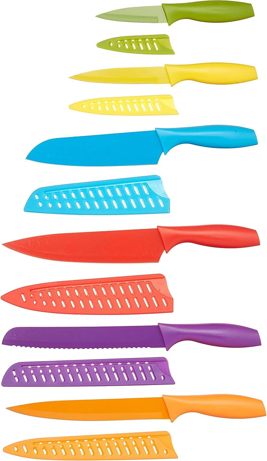 Amazon Basics Color-Coded Dishwasher Safe Kitchen Knife Set, 12-Piece with Ergonomic Handles, Non-stick Sharp Blades, 6 Knives with 6 Blade Guards, Multicolor