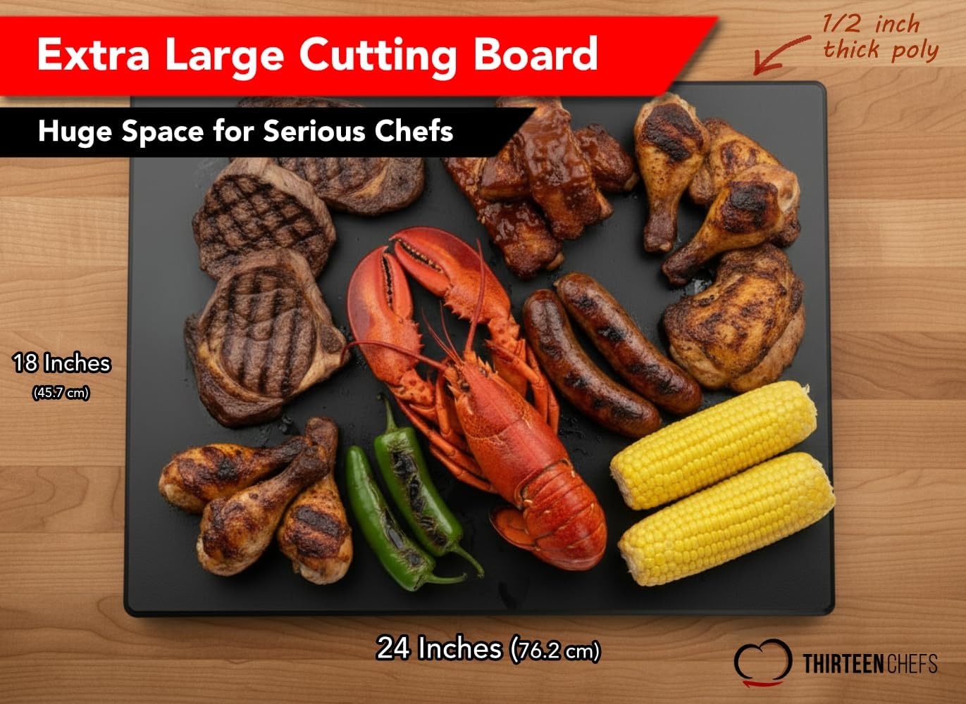 Thirteen Chefs 24x18 Black Cutting Board, Extra Large 1/2" Thick Plastic