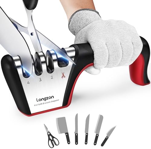 Longzon 5-in-1 Knife Sharpener 4 Stage with Cut-Resistant Glove, Quickly Sharpens & Restores Dull Blades, Easy & Safe for Home Manual Kitchen Use, Fits Most Knives and Scissors, Black+Silver