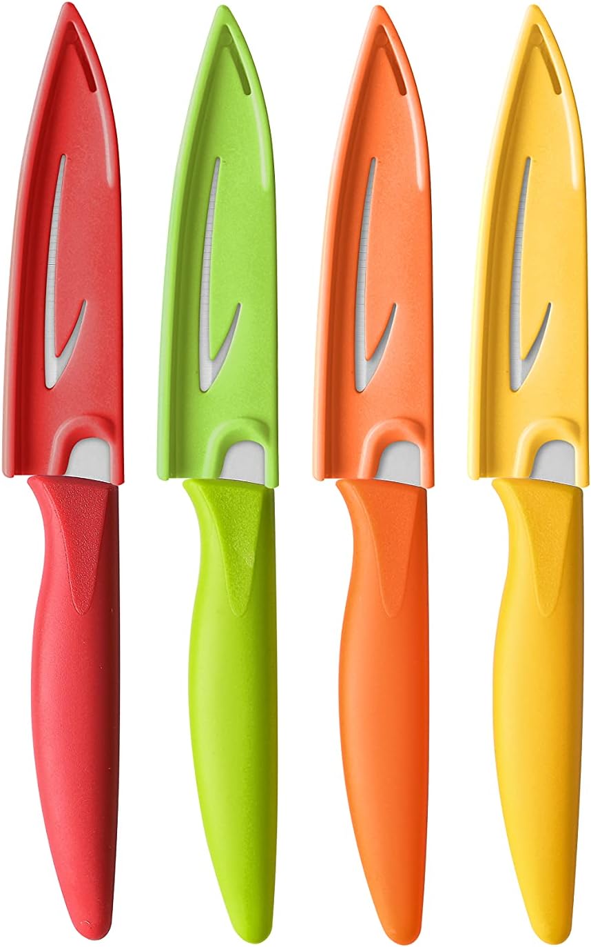 VITUER Paring knife, 4PCS Paring knives (4 Knives and 4 Knife cover), 4 Inch Peeling Fruit and Vegetable Knife, Ultra Sharp Kitchen Knives, German Steel, PP Plastic Handle