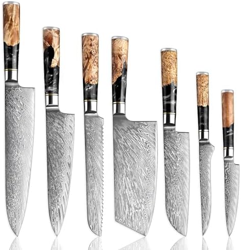 SENKEN 7-Piece Damascus Kitchen Knife Set - Tsunami Collection - 67-Layer Japanese VG10 Steel - Chef's Knife, Cleaver, Santoku, Bread, Boning, &amp; More