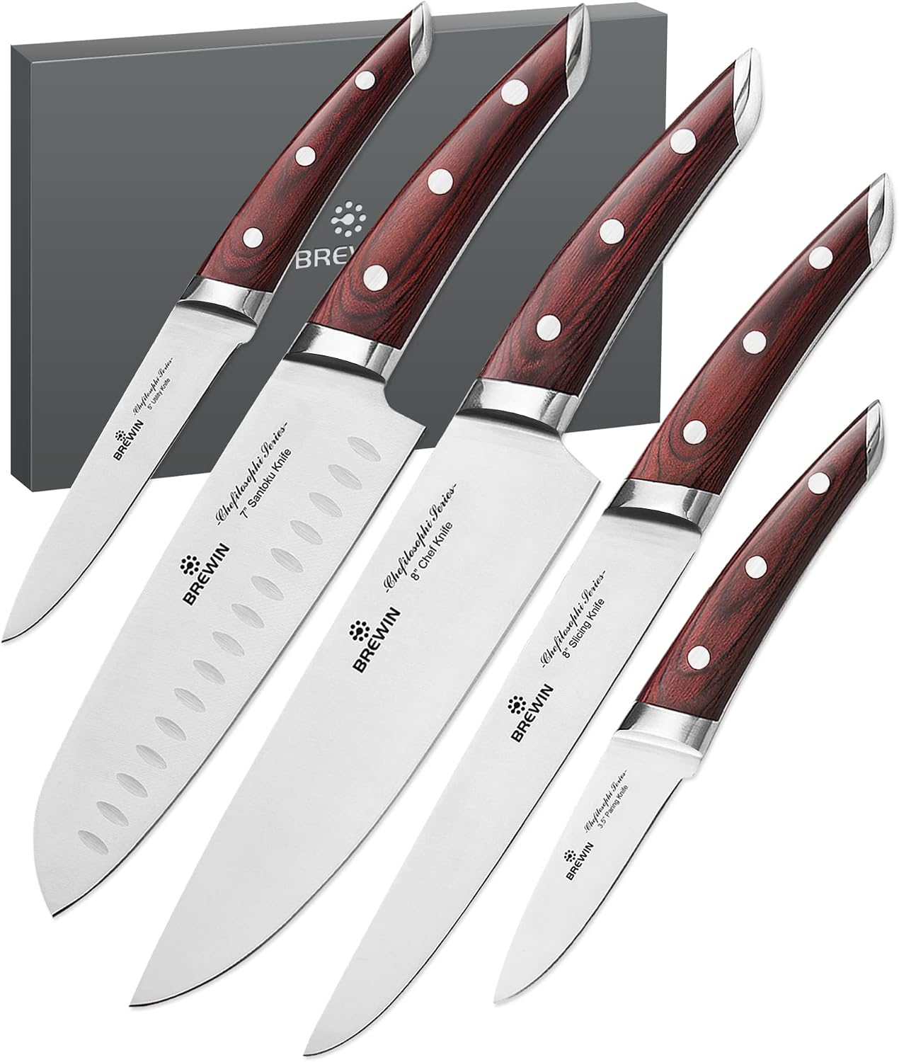 Brewin CHEFILOSOPHI Japanese Chef Knife Set 5 PCS with Elegant Red Pakkawood Handle Ergonomic Design, Professional Ultra Sharp Kitchen Knives for Cooking High Carbon Stainless Steel