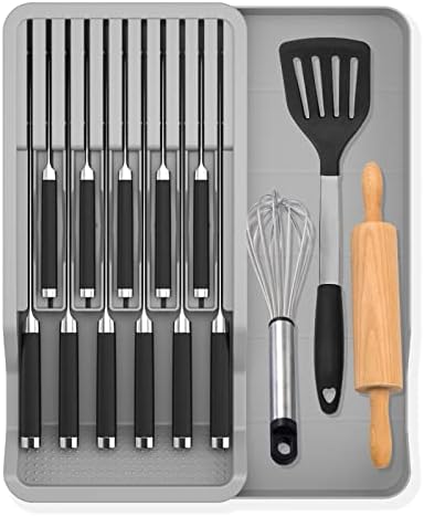Expandable Drawer Knife Insert Organizer - Plastic Knife Storage Tray for Kitchen Drawers, Adjustable to Fit 11 Knives & Utensils, BPA-Free, Ventilated, Space-Saving, Easy to Clean