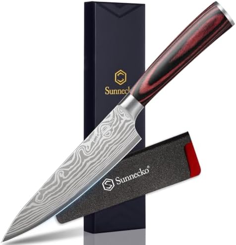 Sunnecko 5.5 Inch Small Chef Knife - Ultra Sharp 12-15 Degree Edge Kitchen Knife for Meat Vegetable Cutting Japanese Style with Sheath, High Carbon Stainless Steel Blade, Cooking Father Day Gift