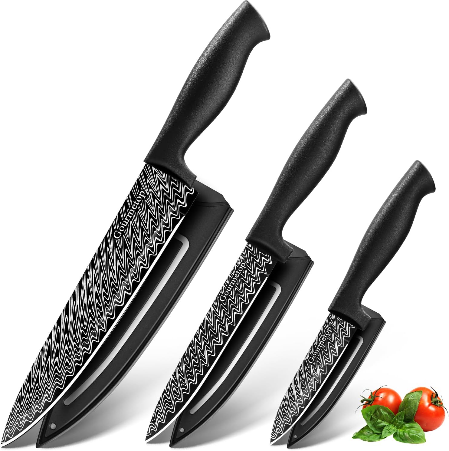 Gourmetop 3PCS Kitchen Knife Set with Cover, Sharp Black Knives for Cooking