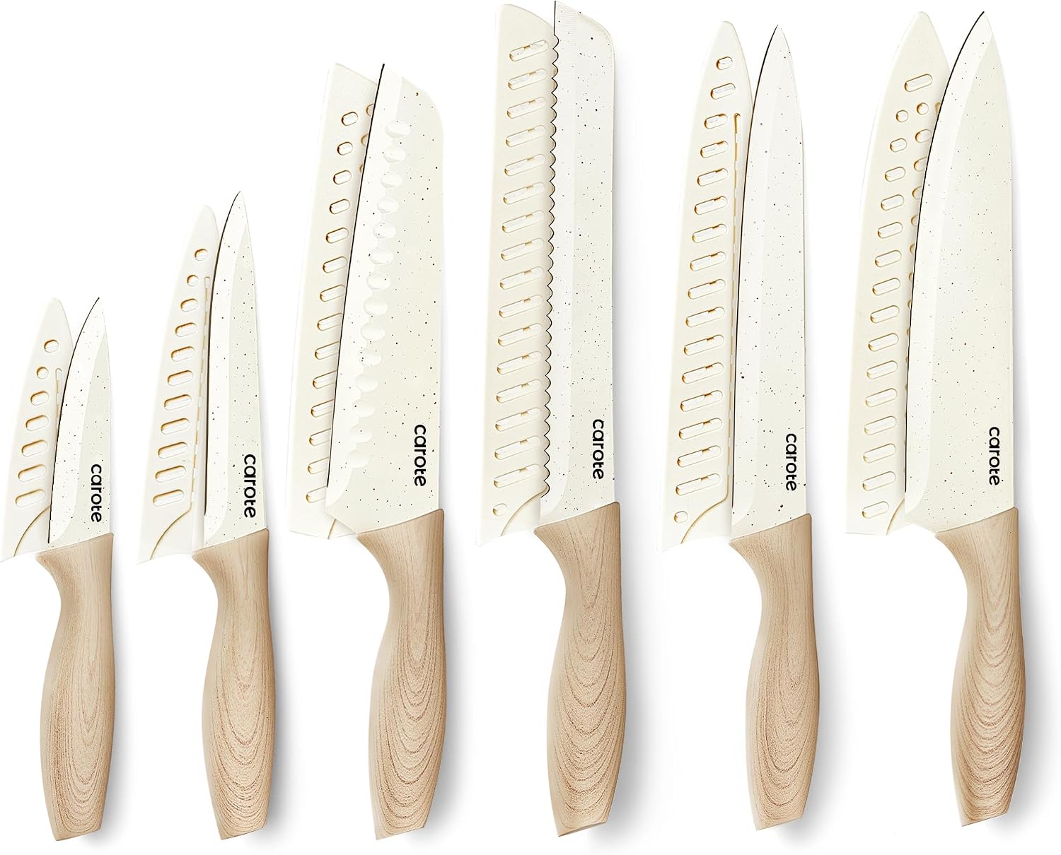 CAROTE 12-Piece Knife Set, Knives with Wood-Grain Finish Handles, White