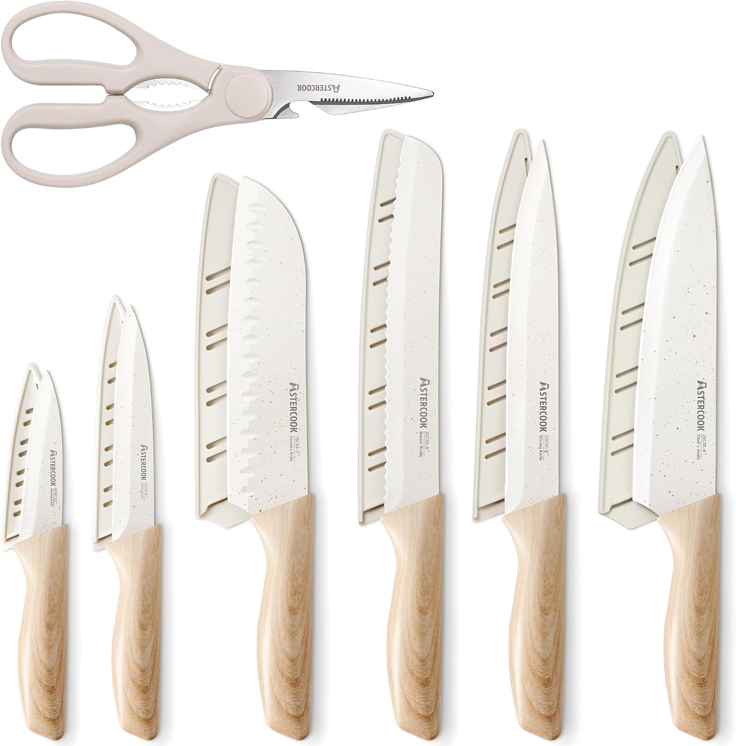 Astercook Knife Set, 13 Pieces Kitchen Knives Set with Ceramic Coating, Stainless Steel Chef Knife Sets with 6 Blade Guards, Dishwasher Safe Knives with Wood Grain Handle, Elegant White