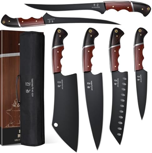 DRGSKL Kitchen Knife Set with Bag - 6 PCS Chef Knife Set with Wooden Handle