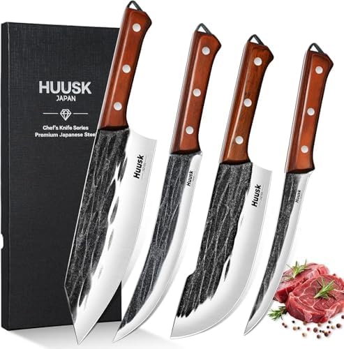 Huusk Butcher Knife Set, 4 PCS Hand Forged BBQ Knife Set for Meat Cutting
