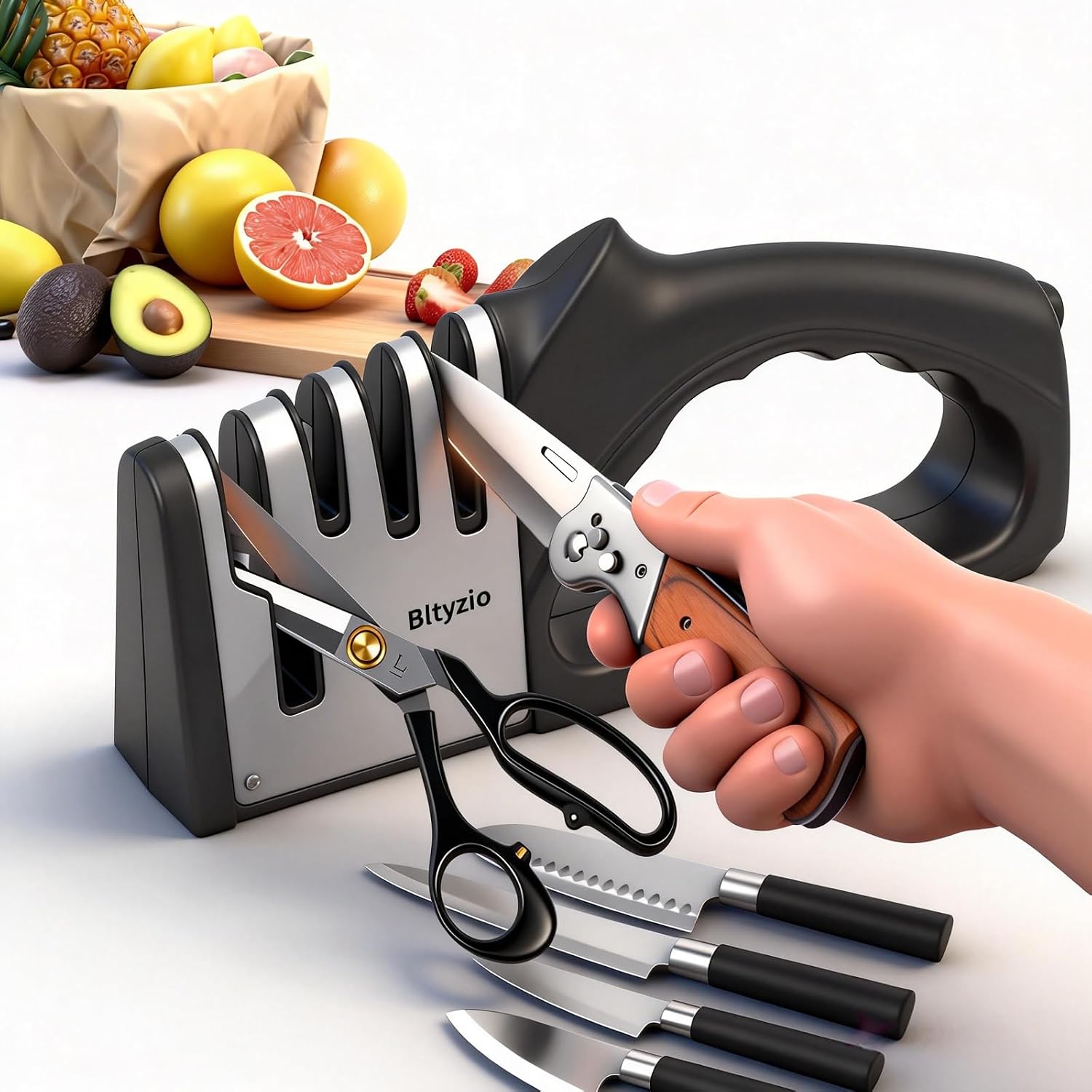 4-in-1 Knife Sharpener for Kitchen Knives & Scissors, Manual Pull Through Sharpener with Tungsten Steel & Ceramic Slots, Professional Kitchen Knife Sharpening Tool with Non-Slip Base